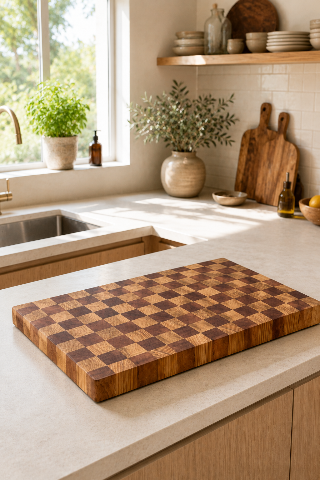 Planche à Découper Bois de Bout Frêne & Sapelli Motifs Géométriques
