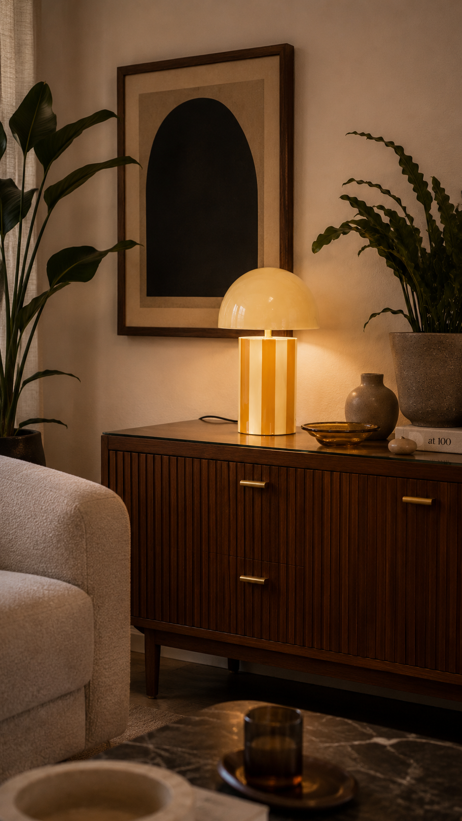 Lampe à Poser CHLOÉ Champignon Fer Rayé Jaune Miel Pied Chromé Ø25×34 cm