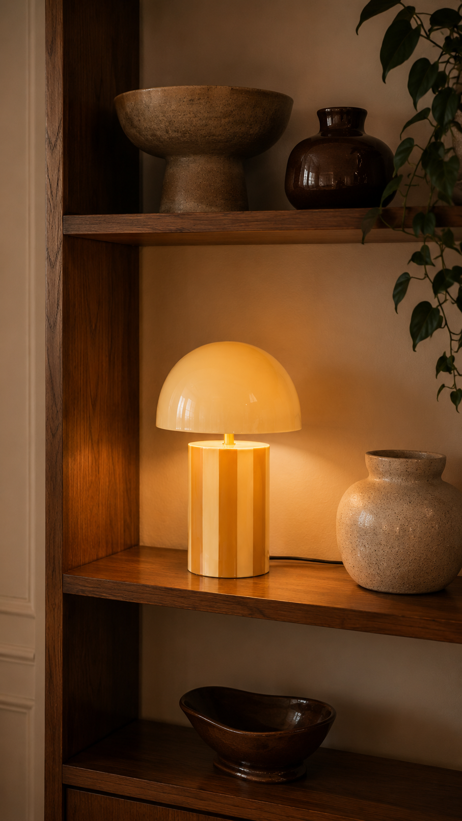Lampe à Poser CHLOÉ Champignon Fer Rayé Jaune Miel Pied Chromé Ø25×34 cm