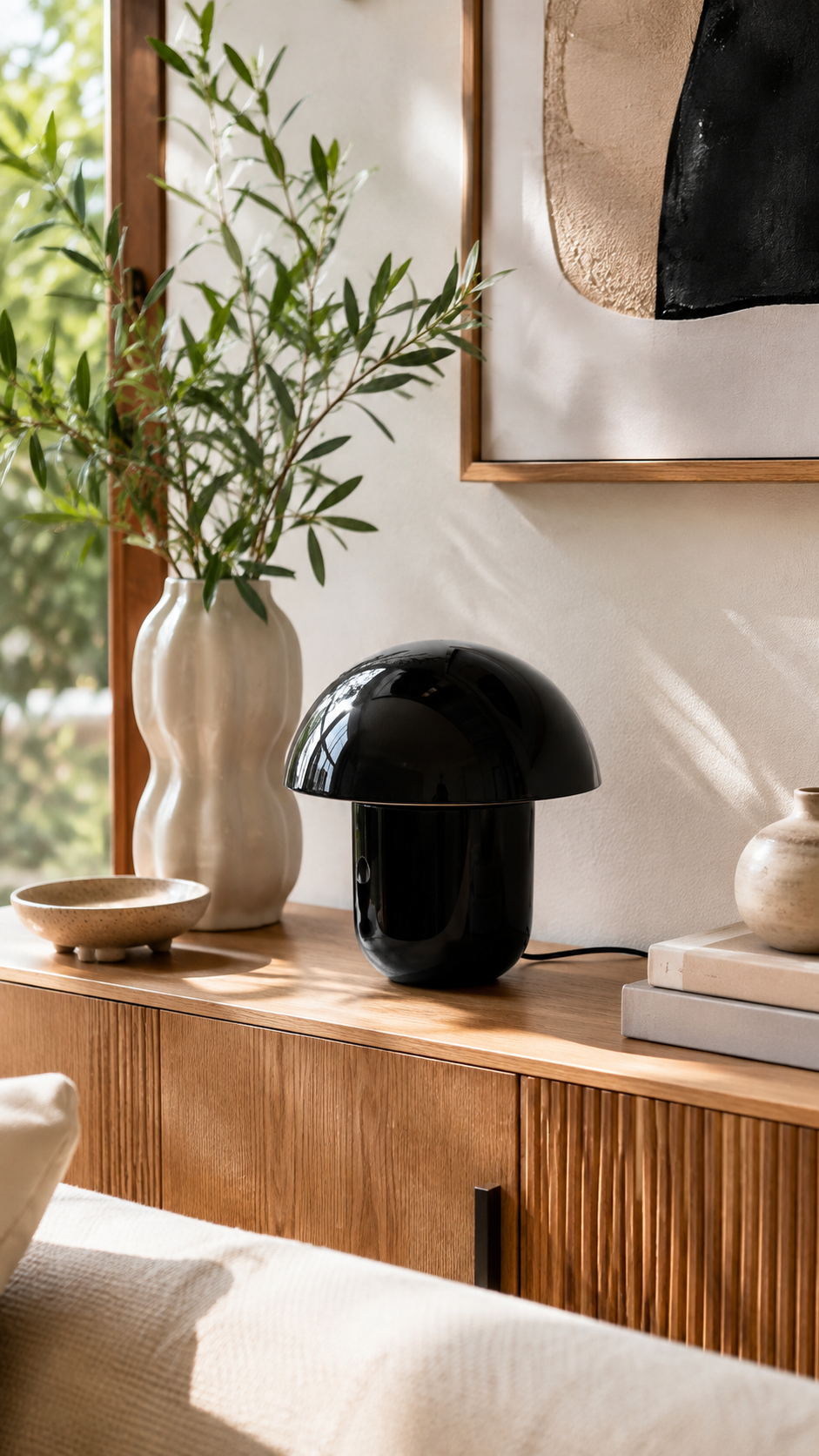 Lampe de Table Champignon Nora – Fer Émaillé Noir Ø29 × H25 cm