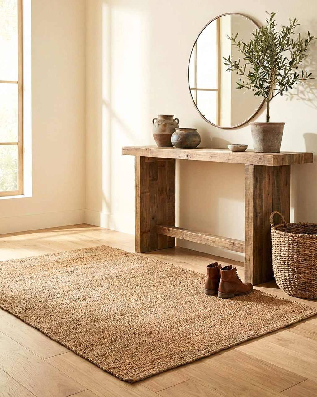 Tapis rectangulaire en jute naturelle Elliot posé sur du parquet dans une entrée lumineuse de style bohème. Il est placé devant une console en bois rustique surmontée d'un miroir rond et d'un olivier en pot. Une paire de bottes en cuir marron et un panier en osier sont posés sur et à côté du tapis.