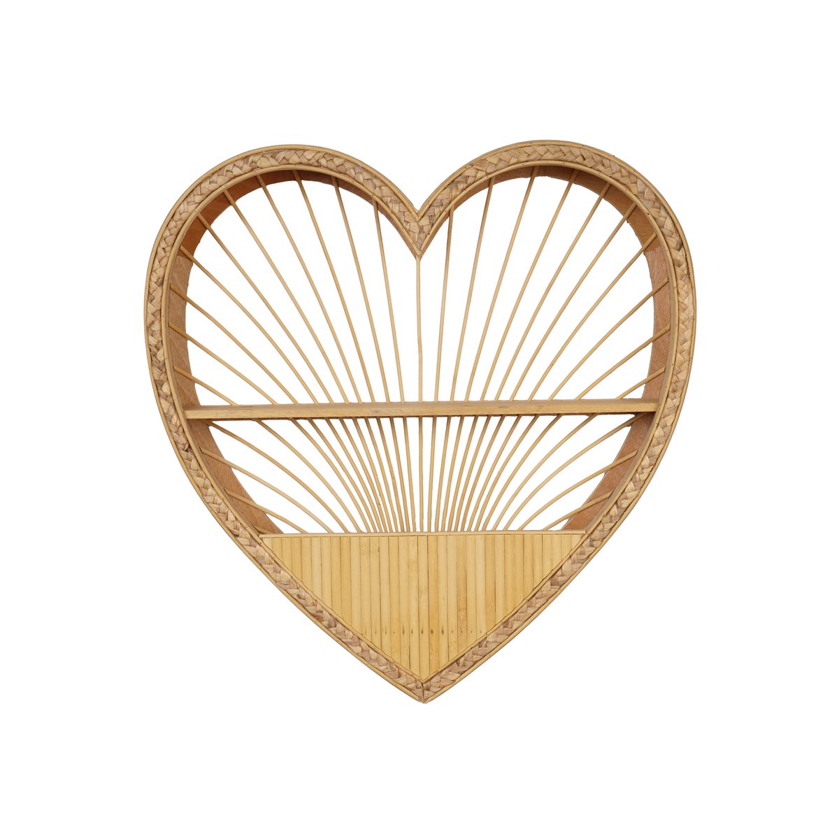 Etagere murale decorative en rotin naturel forme coeur avec tiges rayonnantes 2 niveaux tablette basse en lattes de bambou fond blanc 55x54 cm style boheme
