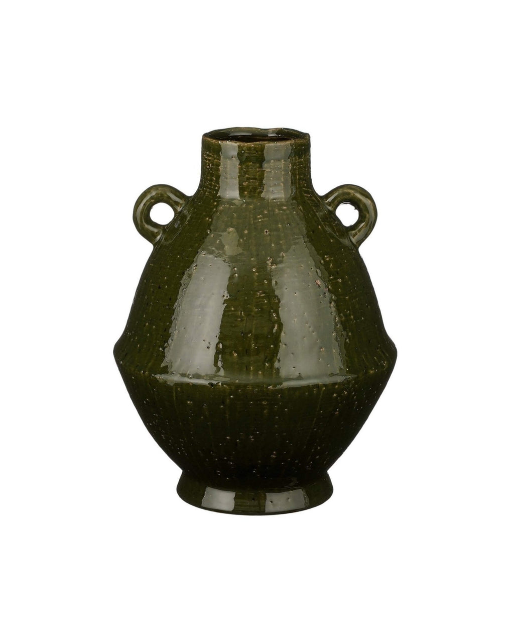 Grand vase en céramique vert olive avec deux anses, forme arrondie.