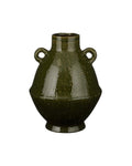 Grand vase en céramique vert olive avec deux anses, forme arrondie.