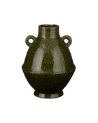 Grand vase en céramique vert olive avec deux anses, forme arrondie.