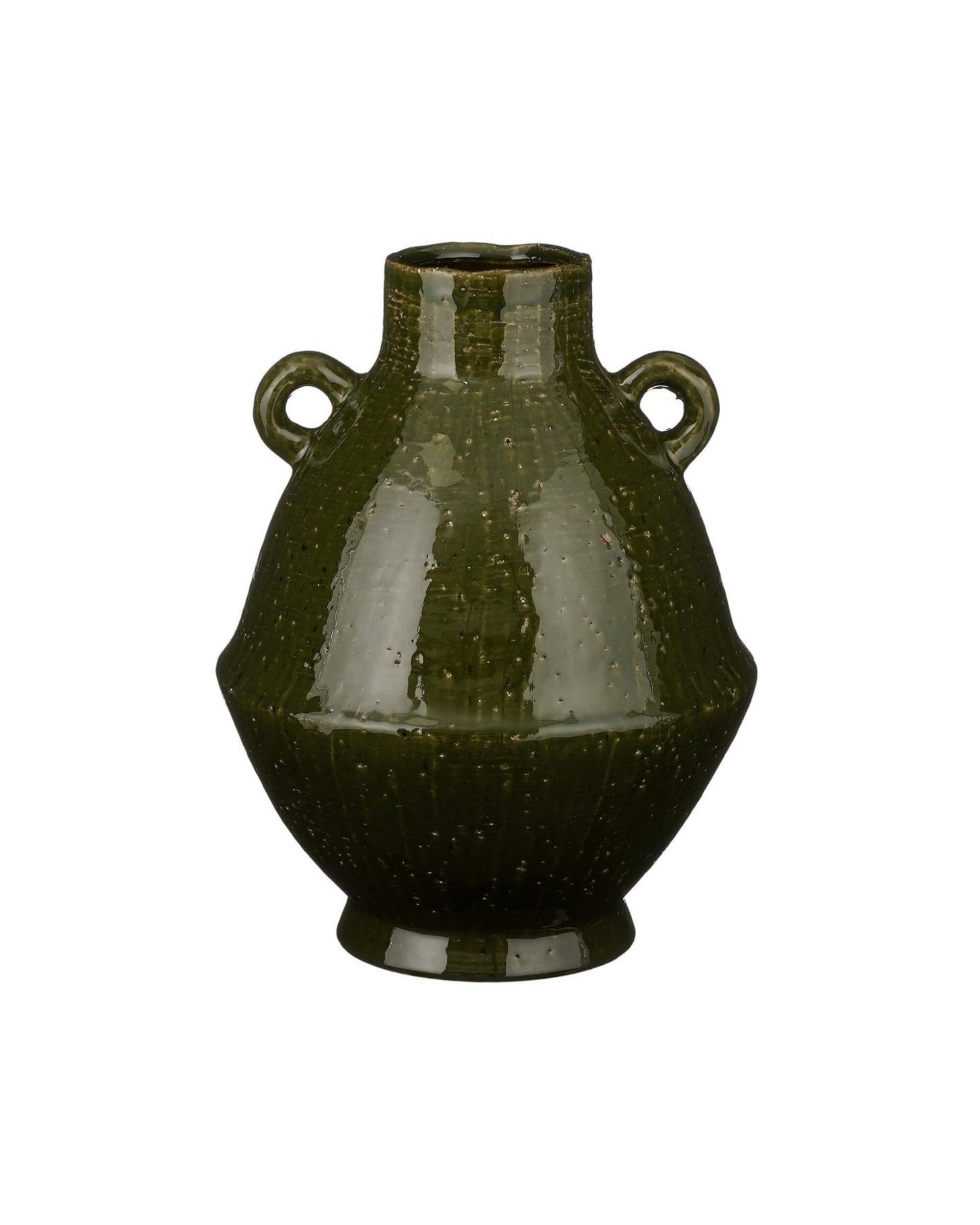 Grand vase en céramique vert olive avec deux anses, forme arrondie.