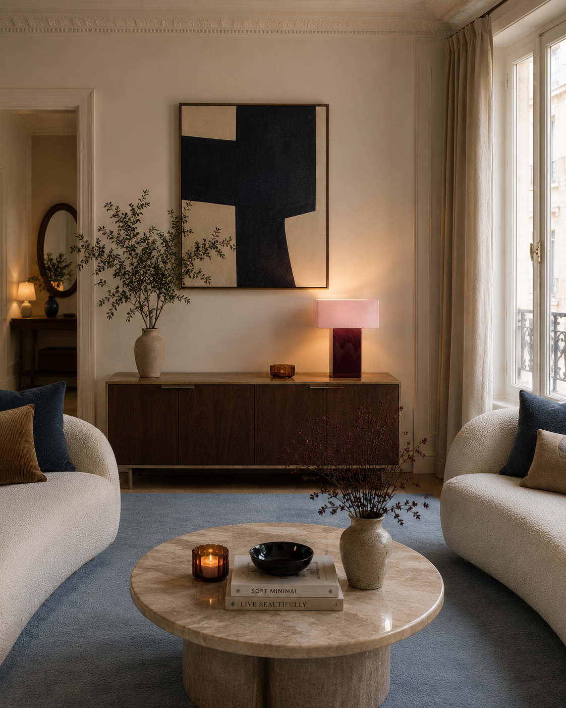 Lampe de table Grato Recto bordeaux et rose allumée sur buffet bois sombre dans salon haussmannien éclairage chaud soirée table basse marbre canapés blancs