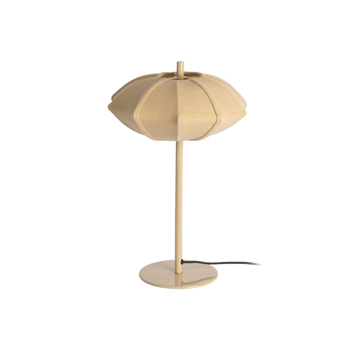 Lampe Paris Disque beige crème vue de profil, pied fin en laiton doré et abat-jour disque pétales, design glamour parisien