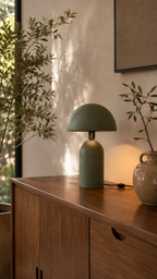Lampe champignon fer texturé vert sauge allumée posée sur buffet bois noyer vintage, vase grès beige avec rameau d'olivier à droite, grand olivier en pot terre cuite près de la fenêtre à gauche, fauteuil bois en arrière-plan, tableau minimaliste sur fond mur sable chaud, lumière dorée naturelle, ambiance salon contemporain naturel