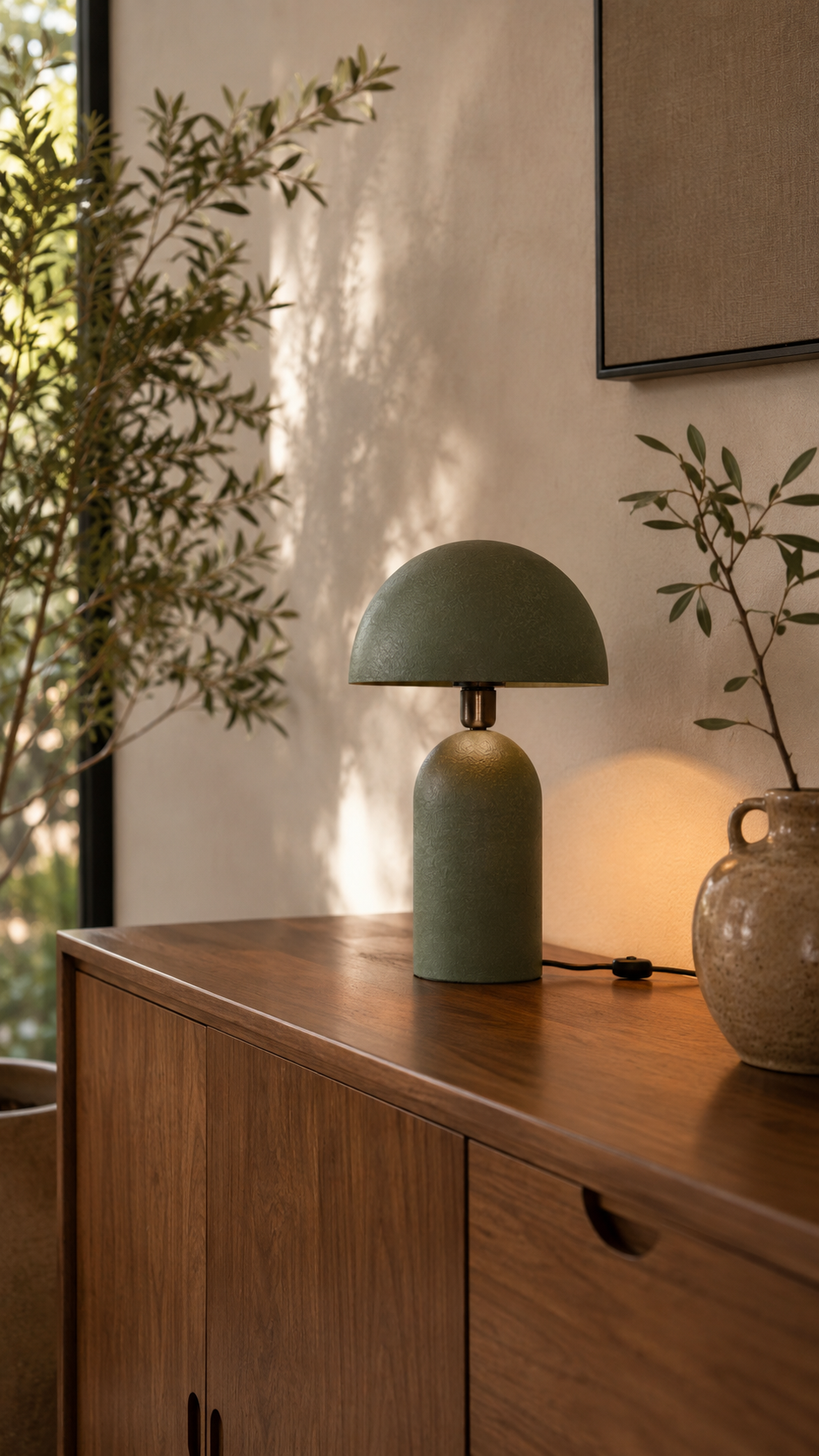 Lampe champignon fer texturé vert sauge allumée posée sur buffet bois noyer vintage, vase grès beige avec rameau d'olivier à droite, grand olivier en pot terre cuite près de la fenêtre à gauche, fauteuil bois en arrière-plan, tableau minimaliste sur fond mur sable chaud, lumière dorée naturelle, ambiance salon contemporain naturel