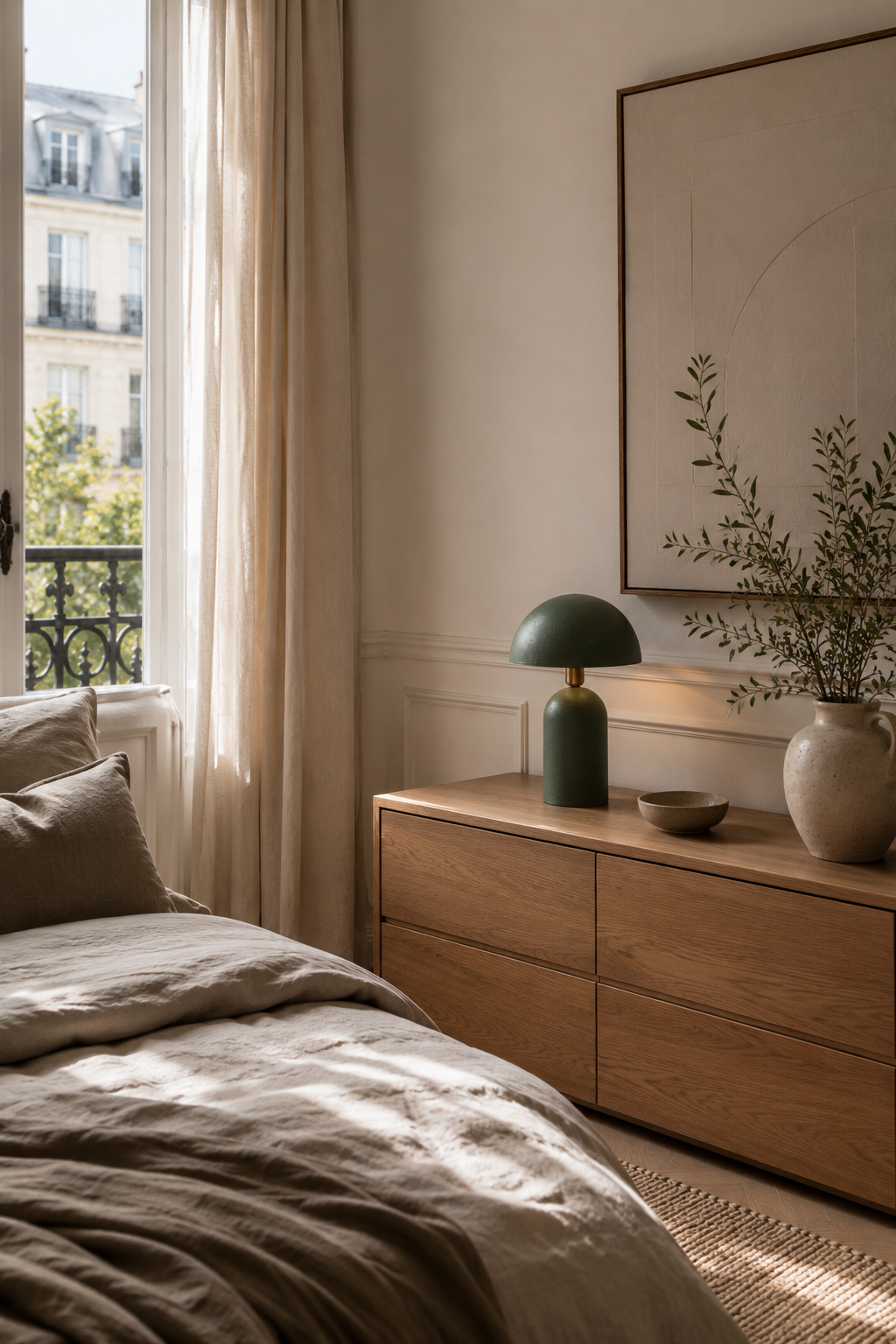 Lampe champignon fer texturé vert sauge allumée posée sur commode bois chêne clair dans chambre de style haussmannien, vase grès beige avec rameau d'olivier à droite, petit bol céramique sombre devant, rideau lin beige drapé et fenêtre à balcon ferronnerie noire avec vue sur immeubles parisiens, tableau minimaliste cadre bois au-dessus, lit linge stonewash taupe en avant-plan, ambiance chambre parisienne épurée et chaleureuse

