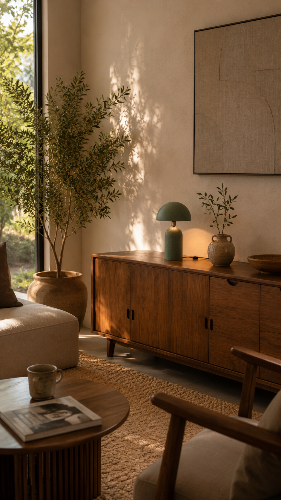 Lampe champignon vert sauge allumée sur buffet bois vintage dans salon lumineux vue large, grand olivier en pot terre cuite à gauche près de la baie vitrée, vase grès beige à anse avec rameau d'olivier à droite du buffet, bol bois foncé à droite, fauteuil bois tissu beige et canapé clair en avant-plan, table basse ronde bois, tapis jute naturel, tableau minimaliste arrondi fond blanc, ambiance salon bohème chic heure dorée