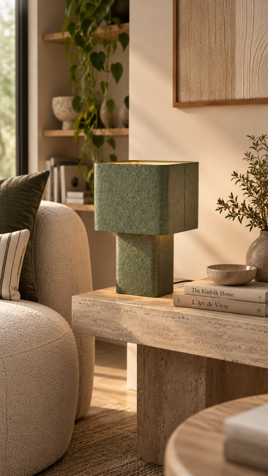 Lampe fer martelé vert kaki allumée avec intérieur doré rayonnant, posée sur console travertin beige avec livres The Kinfolk Home et L'Art de Vivre, vase céramique blanc sphérique avec branches vertes à droite, petit bol céramique beige, fauteuil bouclette beige arrondi à gauche avec coussins kaki et rayures, étagère bois avec plante monstera et vase céramique blanc en arrière-plan, tableau bois sable encadré, lumière naturelle dorée, ambiance salon nordique lumineux