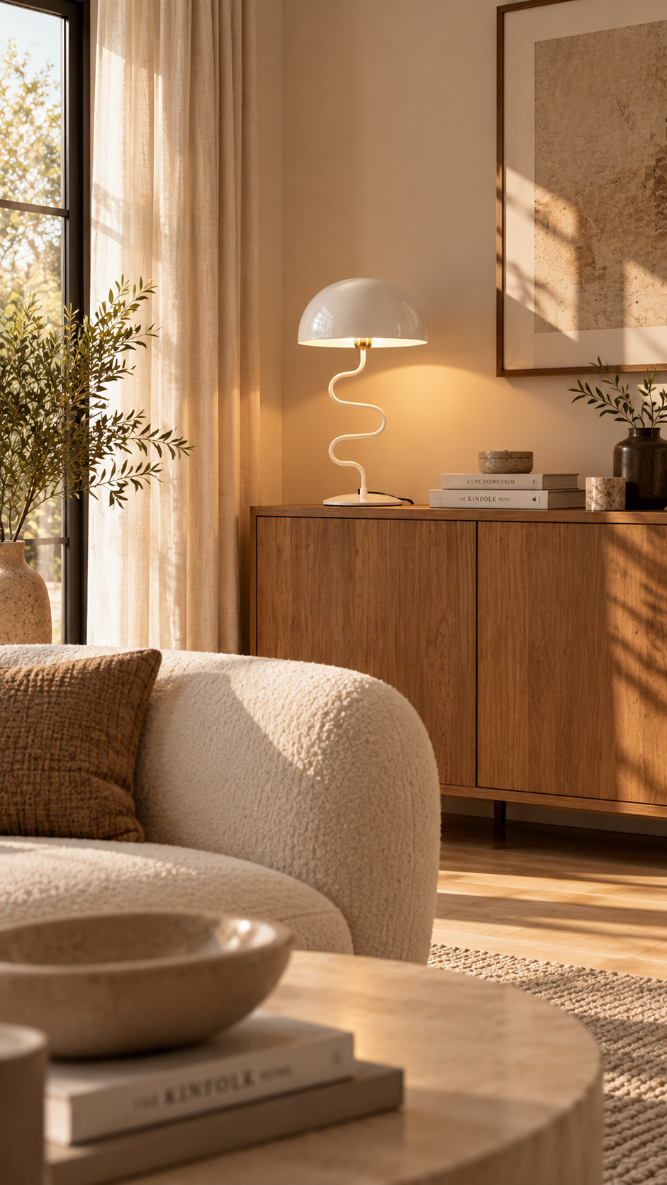 Lampe à poser LOLA zigzag blanc allumée posée sur buffet en bois de chêne, lumière chaude dorée rasante sous l'abat-jour dôme, livres empilés à droite avec objet décoratif rond crème, vase céramique noir avec branches d'olivier à gauche, canapé bouclette beige avec coussin tressé brun au premier plan, bol céramique beige sur table basse ronde bois, tableau abstrait encadré bois et grande baie vitrée avec lumière naturelle à gauche, ambiance salon nordique chaleureux lumière dorée fond beige
