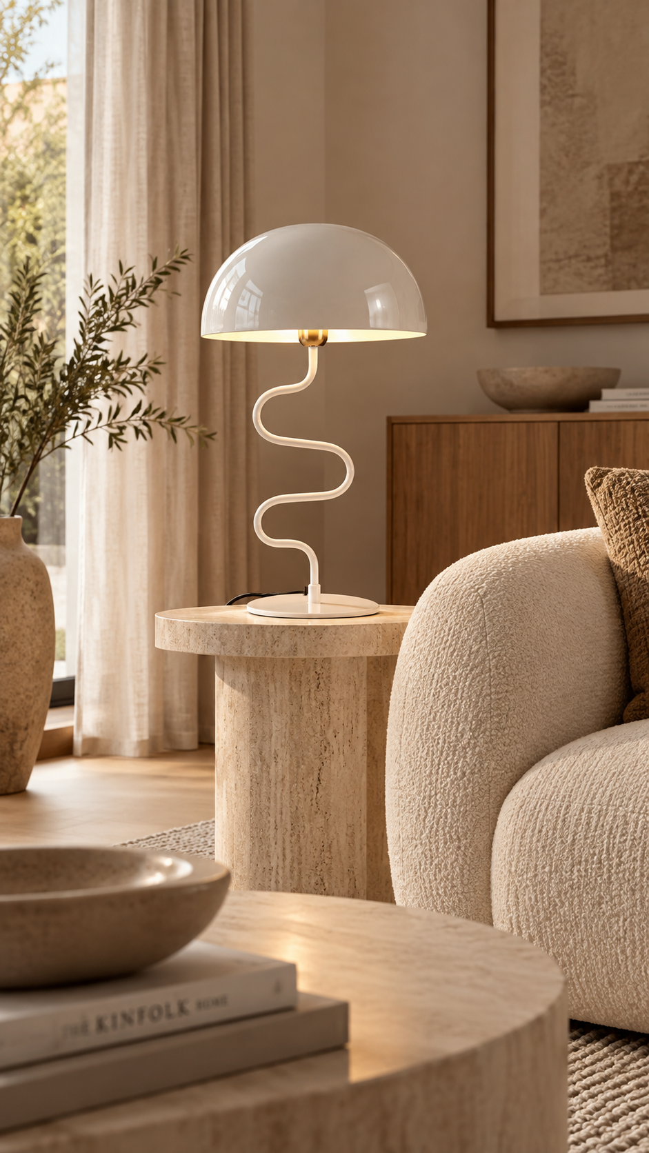 Lampe à poser LOLA zigzag blanc allumée posée sur table d'appoint cylindrique en travertin beige, lumière dorée chaude sous l'abat-jour dôme, fauteuil bouclette crème arrondi à droite, canapé bouclette beige à droite, grand vase argile terracotta avec branches d'olivier à gauche, bol céramique beige sur livres Kinfolk au premier plan, tableau aquarelle encadré en arrière-plan, rideau lin naturel, lumière naturelle dorée salon chaleureux fond beige