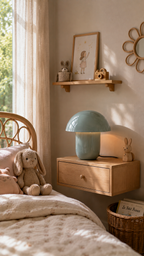 Lampe NORA champignon bleu céladon allumée posée sur chevet flottant bois naturel, tête de lit rotin arrondie à gauche avec doudou lapin et coussin fleuri rose, étagère murale bois avec peluche, appareil photo jouet et tableau illustré fillette, miroir rotin fleur en haut à droite, panier osier au sol avec livre Le Petit Prince, rideau lin blanc, lumière naturelle dorée tamisée, ambiance chambre enfant nordique cosy