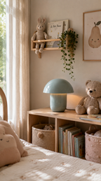 Lampe NORA champignon bleu céladon allumée posée sur meuble rangement bois naturel avec casiers ouverts, paniers osier tressé avec jouets, livres alignés, doudou lapin et peluche ours à droite, étagère murale bois avec doudou lapin et livre Le Petit Prince, plante retombante, tableau illustré poire souriant, rideau lin blanc, lumière naturelle dorée, ambiance chambre enfant cosy nordique fond beige