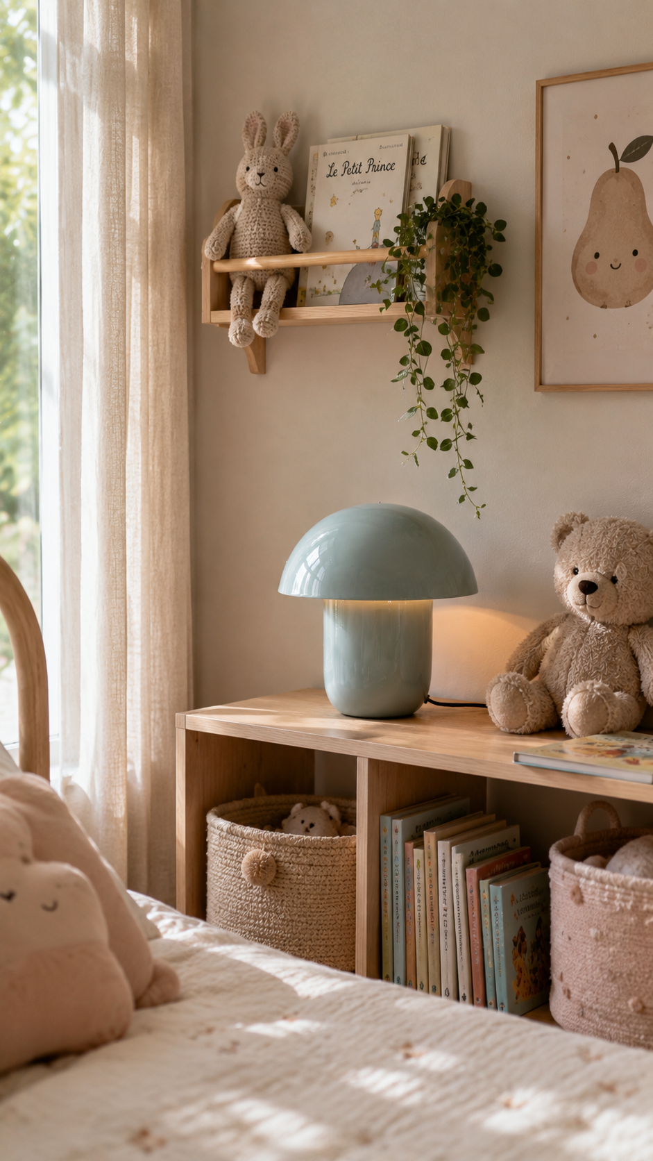Lampe NORA champignon bleu céladon allumée posée sur meuble rangement bois naturel avec casiers ouverts, paniers osier tressé avec jouets, livres alignés, doudou lapin et peluche ours à droite, étagère murale bois avec doudou lapin et livre Le Petit Prince, plante retombante, tableau illustré poire souriant, rideau lin blanc, lumière naturelle dorée, ambiance chambre enfant cosy nordique fond beige