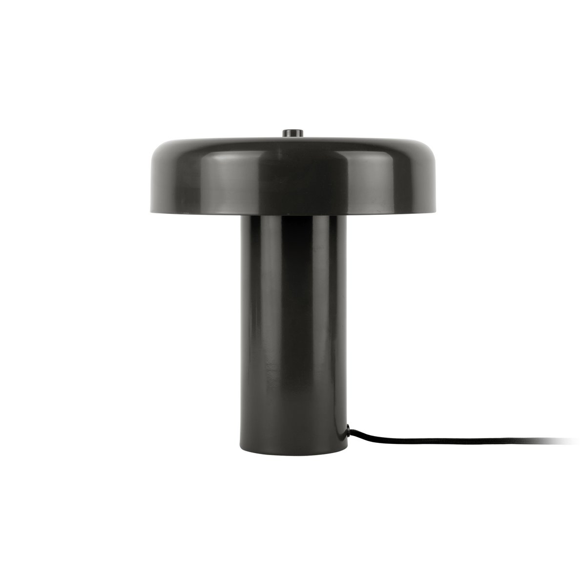 Lampe à poser plateau en fer noir brillant ton sur ton, pied cylindrique massif et abat-jour plateau disque évasé plat, câble noir, fond blanc, diamètre 24 cm, hauteur 26 cm
