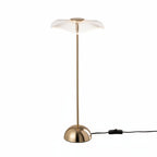 Lampe à poser FLORA LED en métal doré abat-jour disque strié en verre organique transparent pied tige dorée base demi-sphère dorée Ø23,5×50 cm fond blanc