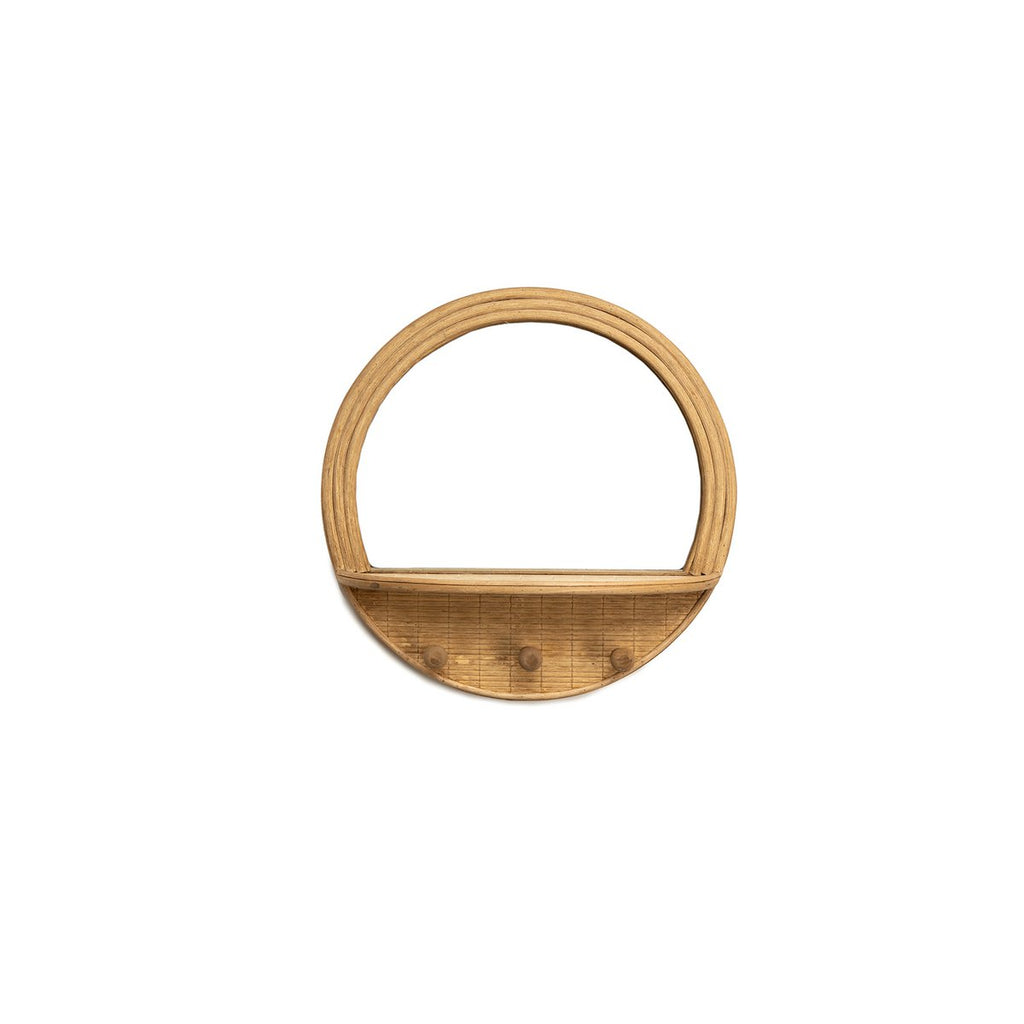 Miroir mural rond en rotin naturel avec tablette basse et 3 crochets ronds en bois demi-cercle bas style boheme nordique fond blanc
