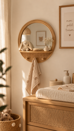 Miroir mural rond en rotin naturel avec tablette et 3 crochets accroché dans une chambre bébé lumière dorée, peluche lapin, brosse et vase fleurs séchées sur la tablette, lange fleuri beige suspendu aux crochets, commode cannage rotin avec matelas à langer blanc, panier osier pompons au sol, affiche encadrée "mon petit trésor" à droite

