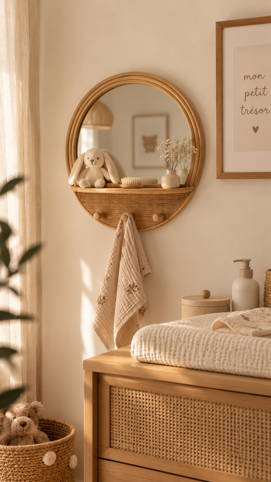 Miroir mural rond en rotin naturel avec tablette et 3 crochets accroché dans une chambre bébé lumière dorée, peluche lapin, brosse et vase fleurs séchées sur la tablette, lange fleuri beige suspendu aux crochets, commode cannage rotin avec matelas à langer blanc, panier osier pompons au sol, affiche encadrée "mon petit trésor" à droite

