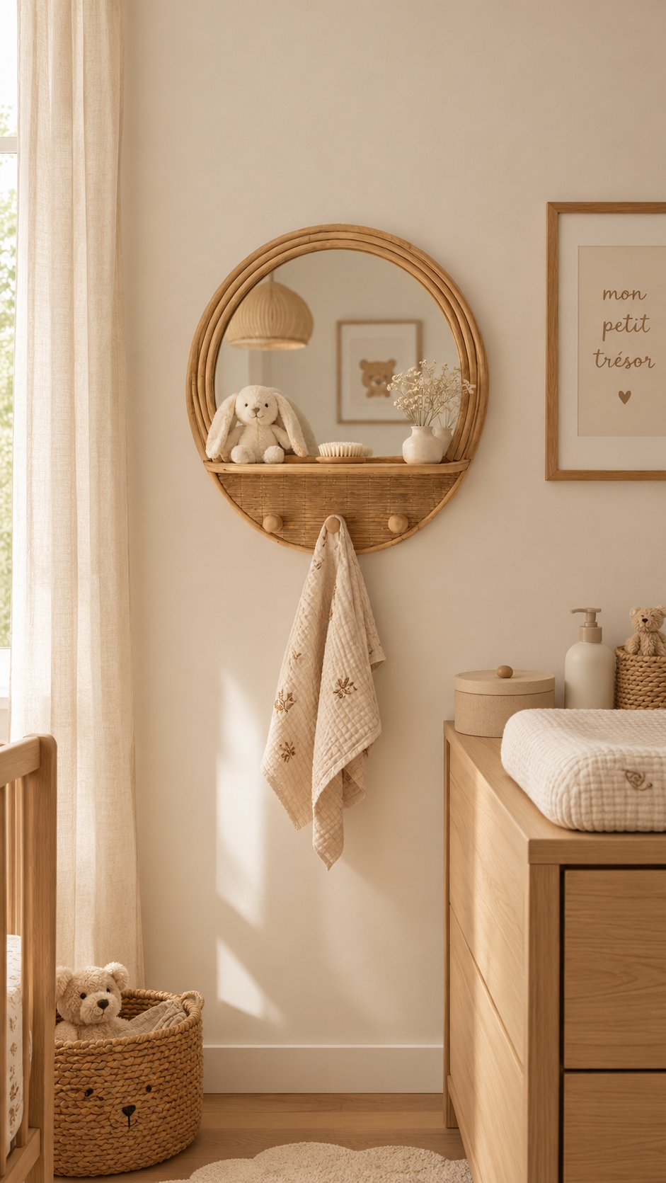Miroir mural rond en rotin naturel avec tablette et crochets dans une chambre bébé lumière naturelle, lange fleuri beige accroché, lit bébé bois à gauche, panier osier avec peluche ours au sol, rideau voile blanc, commode bois clair avec matelas à langer, affiche encadrée "mon petit trésor" à droite
