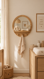 Miroir mural rond en rotin naturel avec tablette et crochets dans une chambre bébé lumière naturelle, lange fleuri beige accroché, lit bébé bois à gauche, panier osier avec peluche ours au sol, rideau voile blanc, commode bois clair avec matelas à langer, affiche encadrée "mon petit trésor" à droite