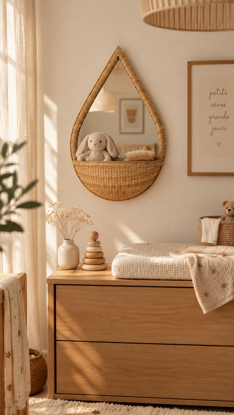 Miroir mural rotin forme goutte avec panier demi-lune tressé accroché au-dessus d'une commode bois naturel dans une chambre bébé lumière naturelle, vase blanc fleurs séchées et empileur bois sur la commode, matelas à langer écru fleuri, peluche ours et panier rotin à droite, plante verte à gauche