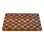 Planche à découper bois de bout motif échecs damier, carrés alternés frêne beige doré et sapelli brun prune, vue du dessus fond blanc, structure bois de bout visible