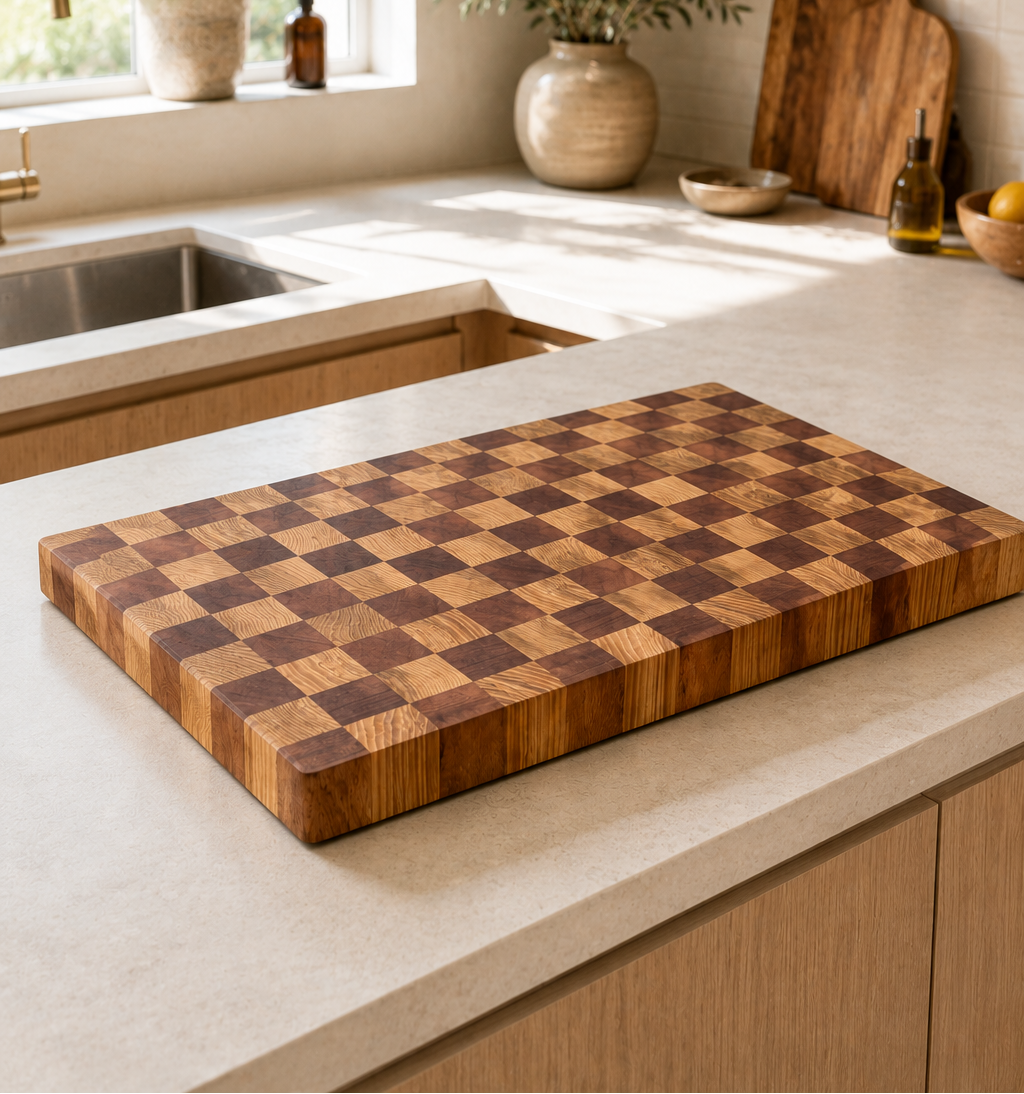 Planche à découper bois de bout motif échecs damier frêne et sapelli bicolore posée sur plan de travail marbre blanc, cuisine lumineuse avec évier inox, herbes aromatiques en pot sur rebord de fenêtre, vase céramique beige avec feuillage, étagère bois avec vaisselle en arrière-plan, ambiance cuisine scandinave naturelle