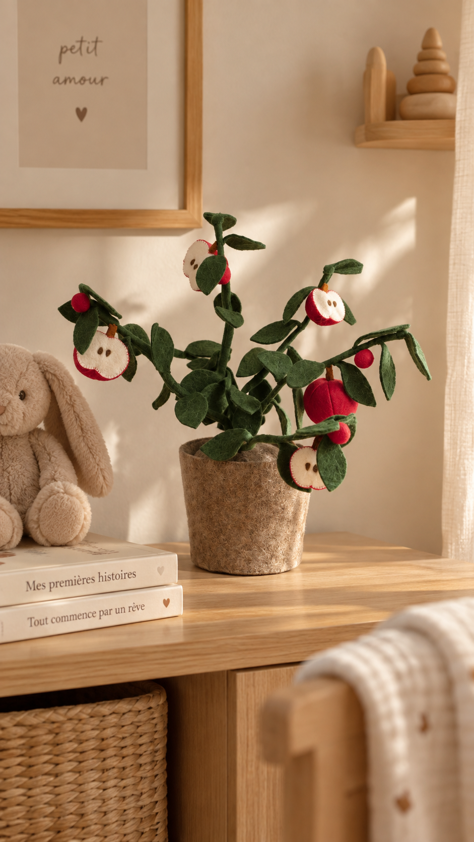 Plante décorative pommier en feutre pommes rouges posée sur une commode bois clair avec paniers tressés dans une chambre bébé lumière naturelle dorée, peluche lapin beige et livres "Mes premières histoires" à gauche, affiche encadrée "petit amour ♥" au mur, étagère bois avec anneaux et pyramide bois en haut à droite