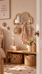Porte-manteau mural Milana en forme de nuage en rotin avec miroir et boutons bois accroché dans une chambre fille rose poudré avec sac tressé fleuri foulard rose et peluche lapin suspendus, banc bois avec paniers ourson en osier, bouquet de marguerites et affiche Petits bonheurs grandissent ici