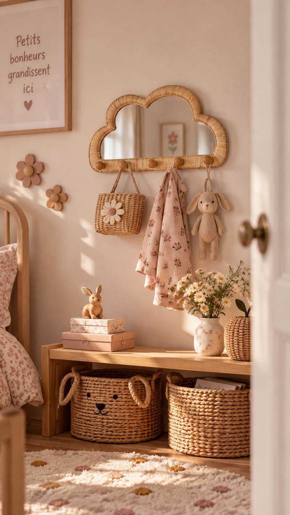Porte-manteau mural Milana en forme de nuage en rotin avec miroir et boutons bois accroché dans une chambre fille rose poudré avec sac tressé fleuri foulard rose et peluche lapin suspendus, banc bois avec paniers ourson en osier, bouquet de marguerites et affiche Petits bonheurs grandissent ici