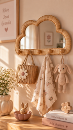 Gros plan sur le porte-manteau mural Milana nuage en rotin avec sac tressé à fleur, foulard fleuri écru et peluche lapin suspendus aux boutons bois, lumière dorée naturelle, vase blanc avec fleurs, figurine lapin céramique rose et livres empilés sur console en bois, affiche Rêve Joue Grandis en arrière-plan