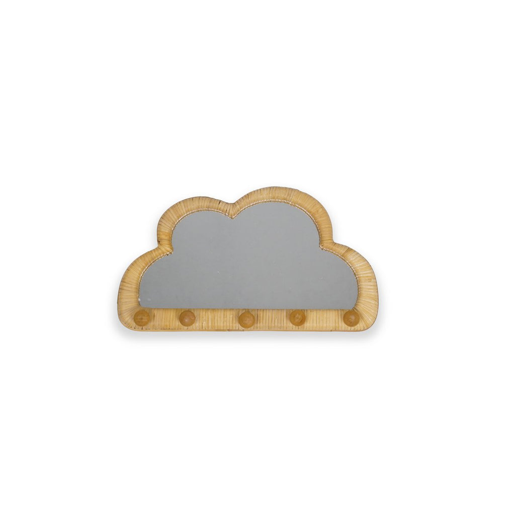 Porte-manteau mural en forme de nuage en rotin naturel avec miroir intégré et 5 boutons ronds en bois, vue de face sur fond blanc, 45×25 cm