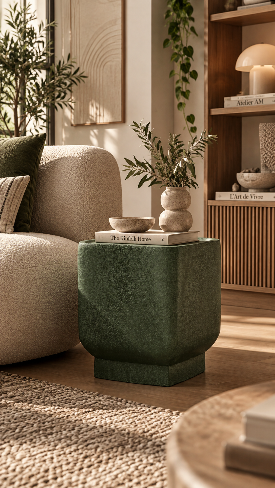 Table d'appoint BOAZ CUADRO vert kaki texturé granité posée à côté d'un canapé bouclette beige dans un salon lumineux, dessus plateau avec livre The Kinfolk Home, bol céramique brun et vase céramique à deux boules avec branches d'olivier, étagère bois cannelé en arrière-plan avec livres Atelier AM et L'Art de Vivre, lierre tombant, tapis jute tressé, lumière naturelle dorée