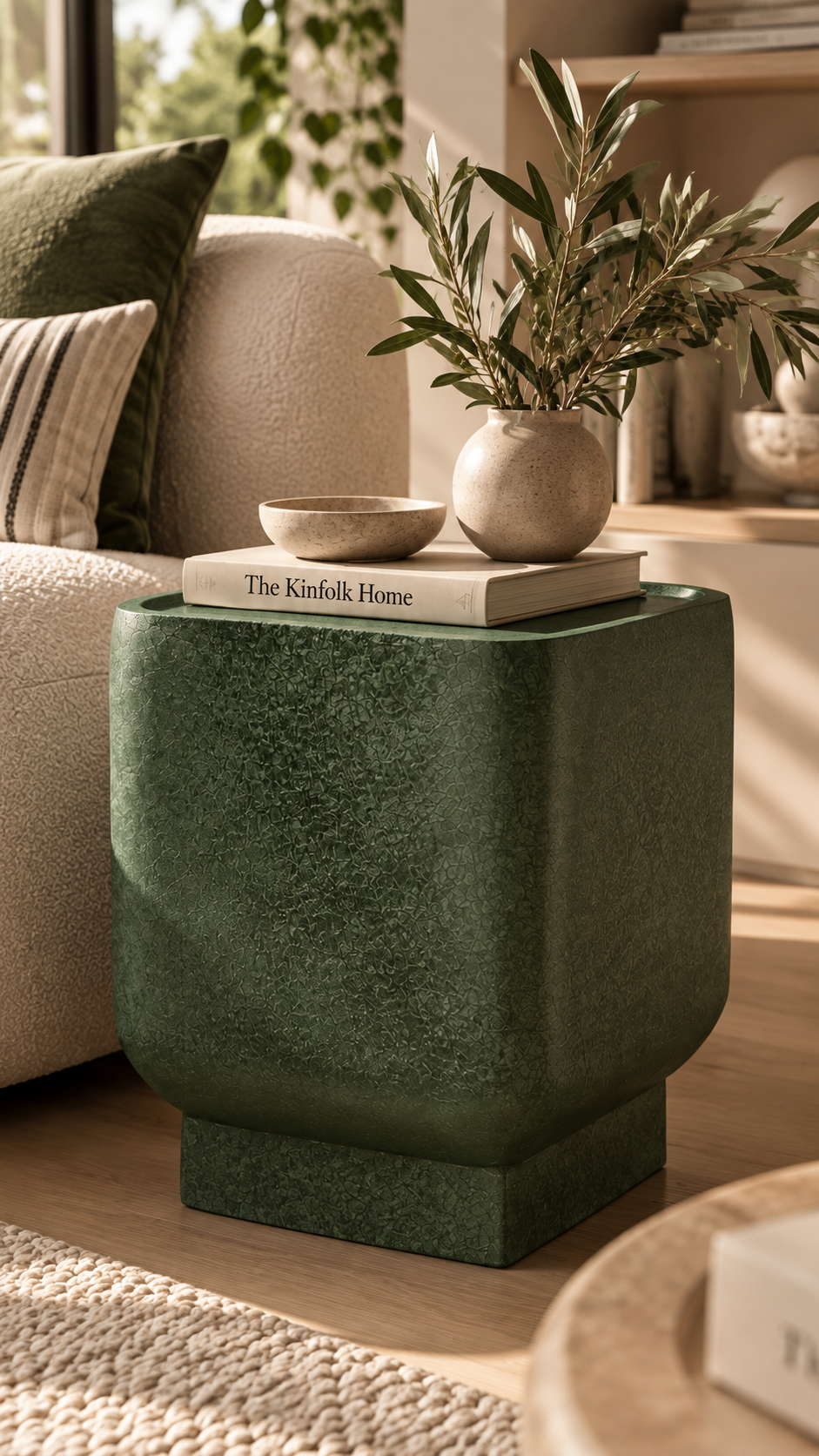 Gros plan table d'appoint BOAZ CUADRO vert kaki texturé granité, dessus plateau avec livre The Kinfolk Home, bol céramique beige et vase rond sphérique céramique avec branches d'olivier, canapé bouclette beige à gauche avec coussin vert foncé et rayures, lierre tombant en arrière-plan, tapis jute tressé, lumière naturelle chaude