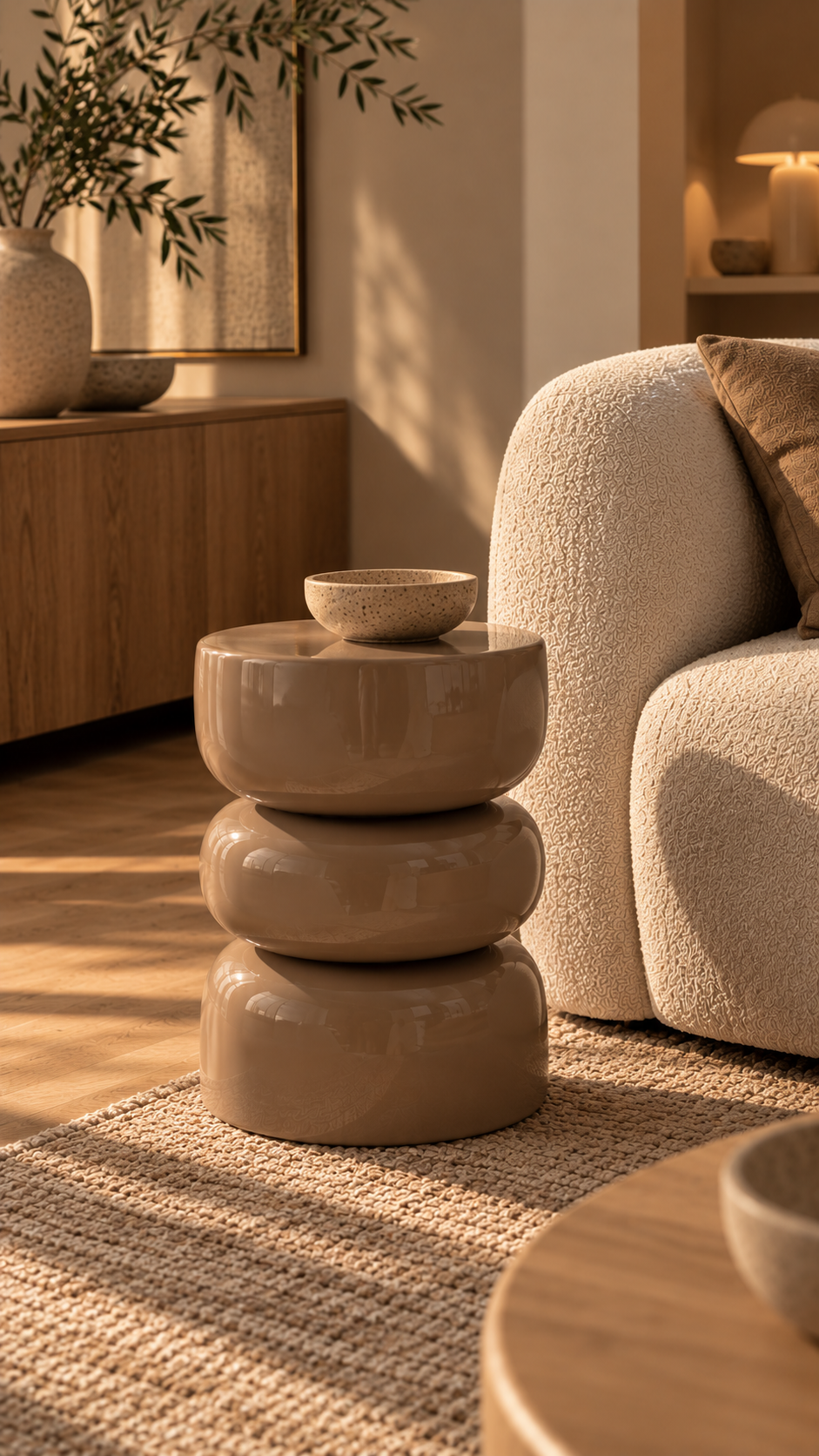 Tabouret table d'appoint marron taupe brillant avec petit bol céramique specklé posé sur le dessus, placé à côté d'un canapé bouclette crème arrondi avec coussin brun, tapis jute tressé, buffet bois chêne avec grand vase céramique beige et branches d'olivier en arrière-plan à gauche, miroir doré encadré, lampe champignon allumée sur étagère à droite, lumière naturelle dorée chaude, ambiance salon nordique cosy fond beige