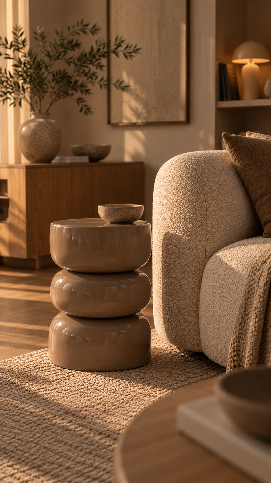 Tabouret table d'appoint marron taupe brillant vu légèrement de côté, petit bol céramique posé sur le dessus, canapé bouclette crème avec plaid beige à droite, tapis jute tressé, buffet bois chêne avec grand vase céramique sphérique et branches d'olivier à gauche, bol céramique brun, lampe champignon allumée à droite sur étagère, lumière dorée chaude tamisée, ambiance salon soirée nordique fond beige