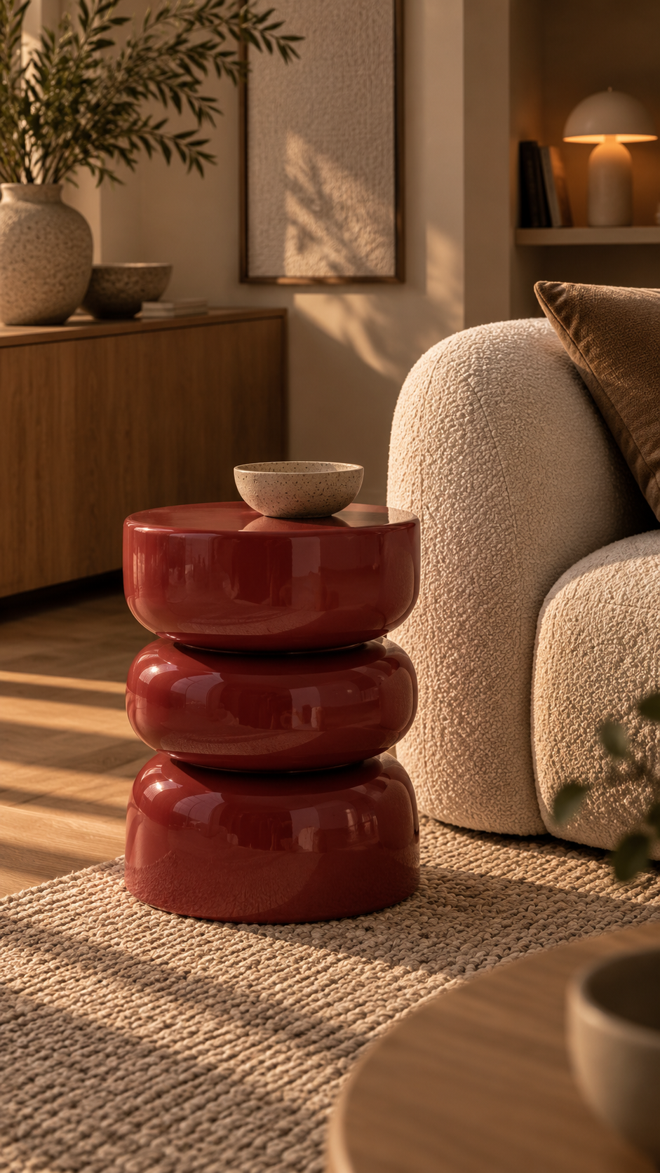 Tabouret rouge brique brillant vu légèrement de côté, bol céramique specklé posé sur le dessus, canapé bouclette crème avec coussin rouge brique assorti à droite, tapis jute tressé, buffet bois naturel avec grand vase céramique beige et branches d'olivier, tableau abstrait encadré bois en arrière-plan, lampe champignon allumée à droite, lumière dorée chaude rasante, ambiance salon soirée nordique fond beige