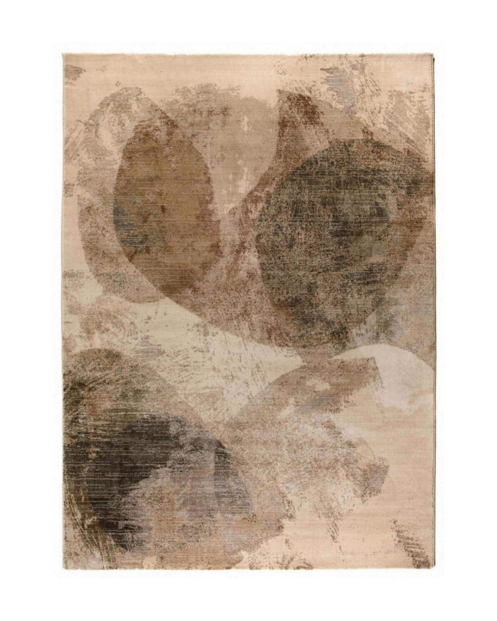 Vue en plan du tapis Vivaraise Aloyse Bronze, détaillant le motif abstrait avec des formes organiques superposées et une texture effet peinture dans des tons de bronze, ocre et beige.