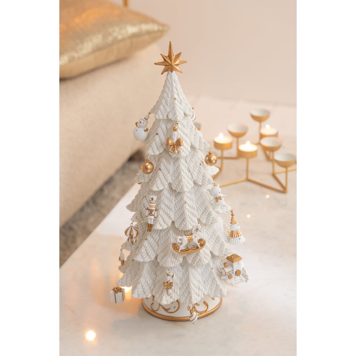 Sapin de Noël LED Ornements Polyrésine Blanc Or 24,5×51,5 cm