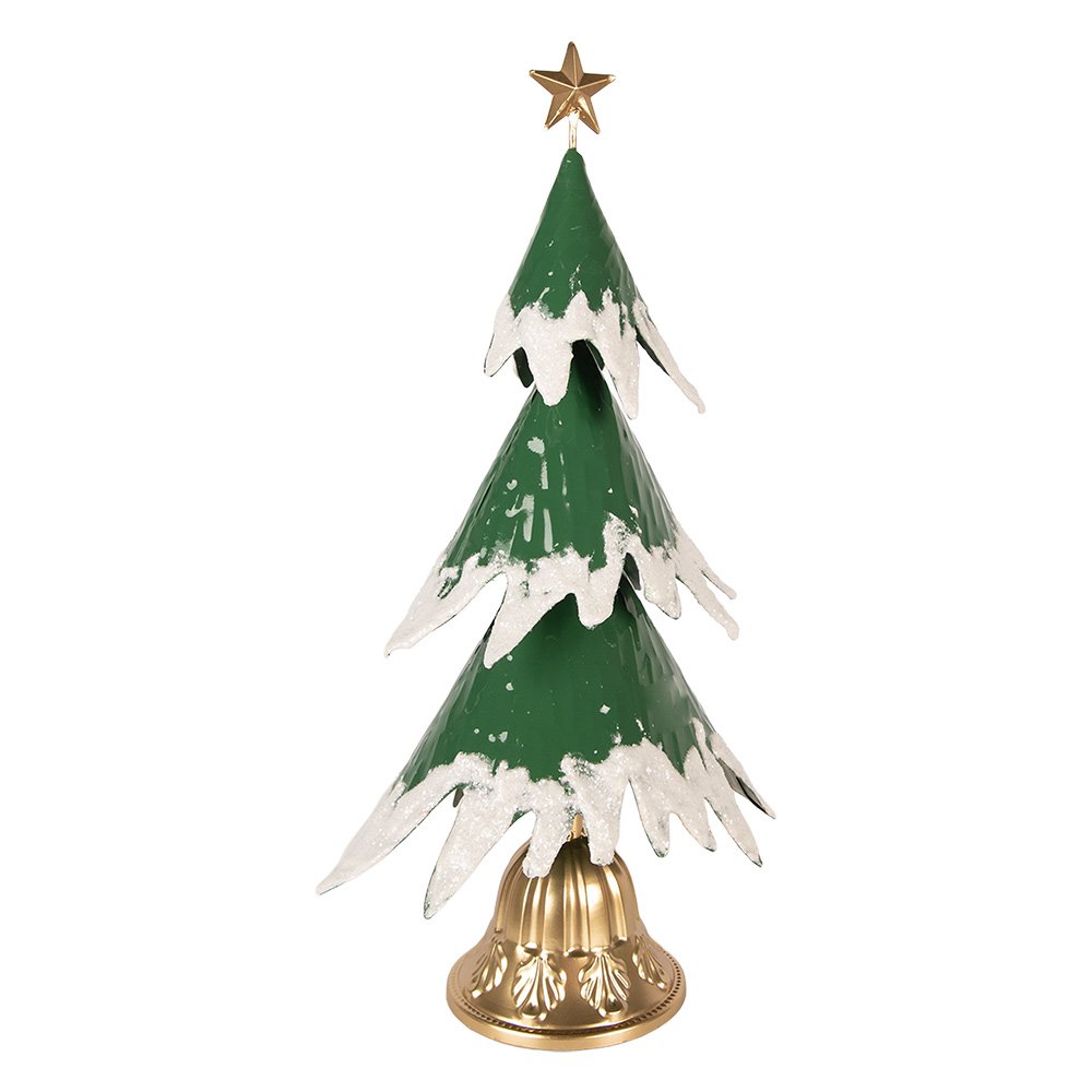 Décoration Noël Sapin Métal Vert Effet Neige Base Dorée 26×20×50 cm