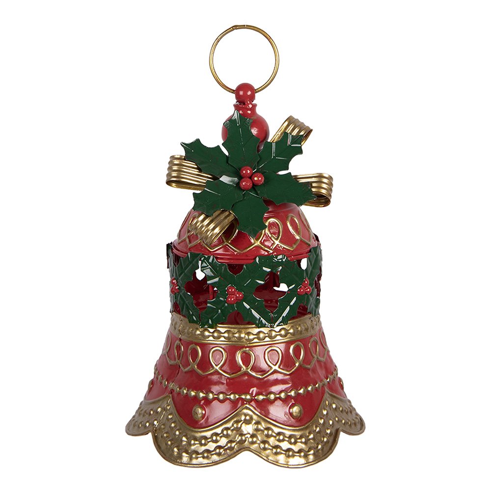 Décoration Noël Cloche Métal Rouge Houx Doré Ø21×29 cm