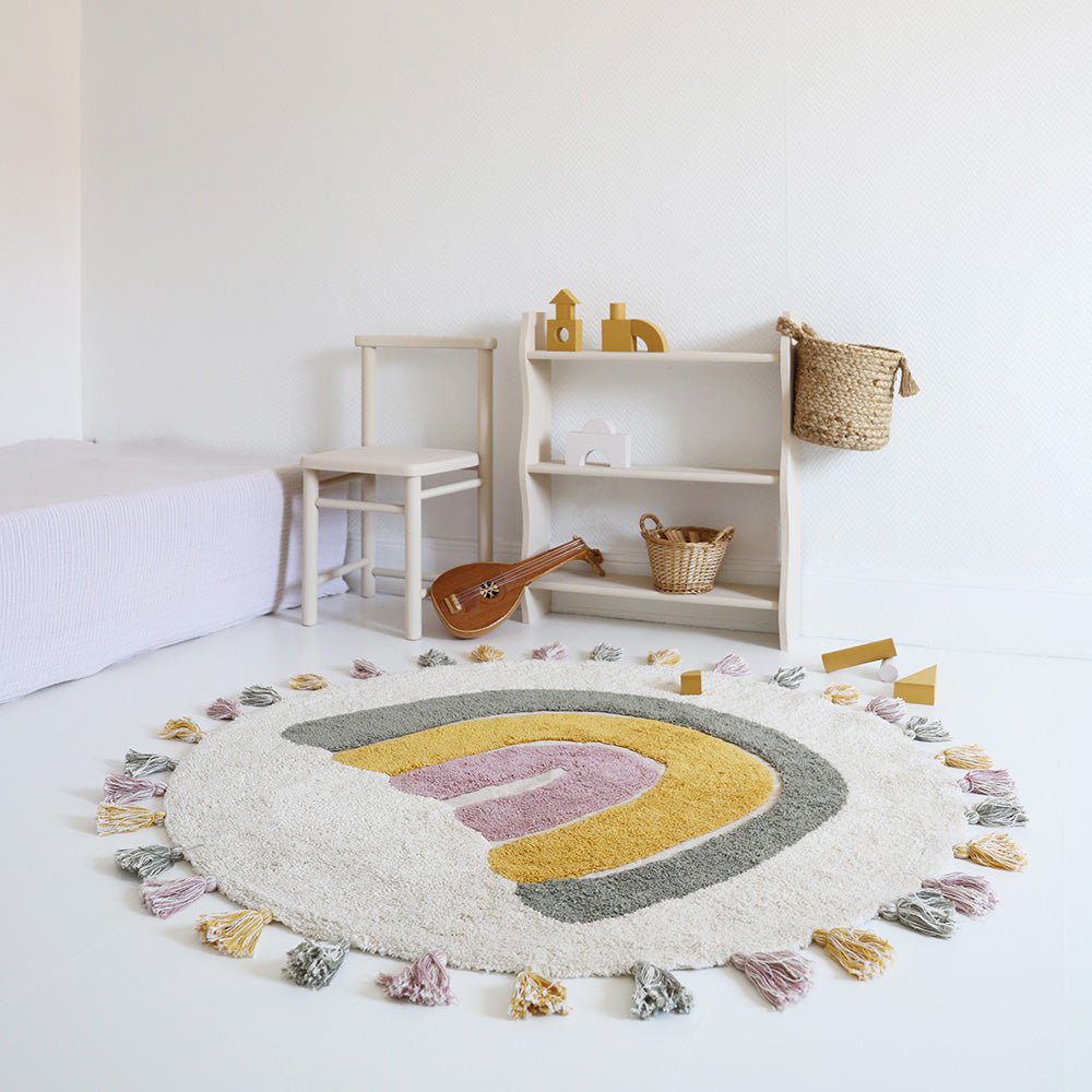 Tapis Rond Coton Arc-en-Ciel avec Pompons Ø110 cm – Rainbow Moss