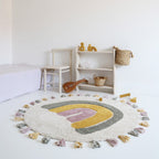 Tapis Rond Coton Arc-en-Ciel avec Pompons Ø110 cm – Rainbow Moss
