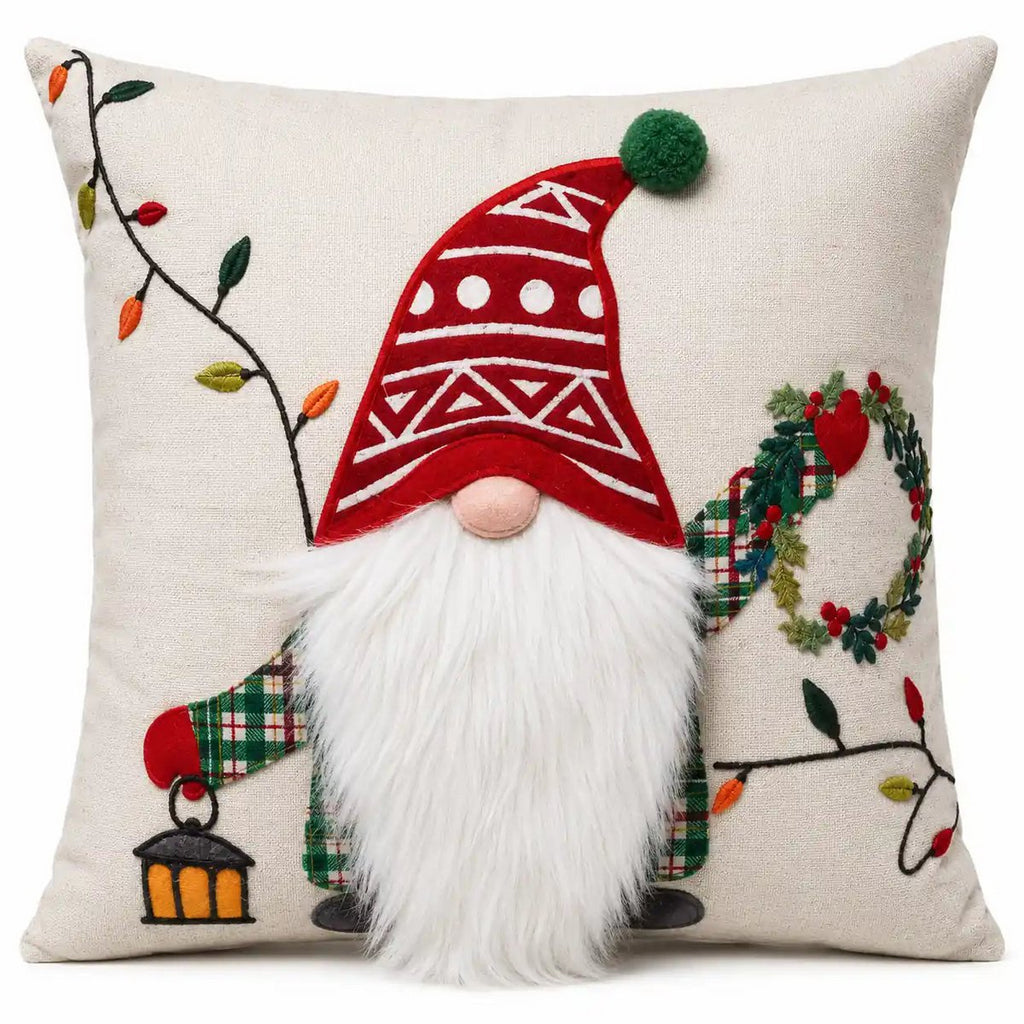 Housse de Coussin Noël Gnome Brodé Lanterne Couronne Coton Lin 45×45 cm