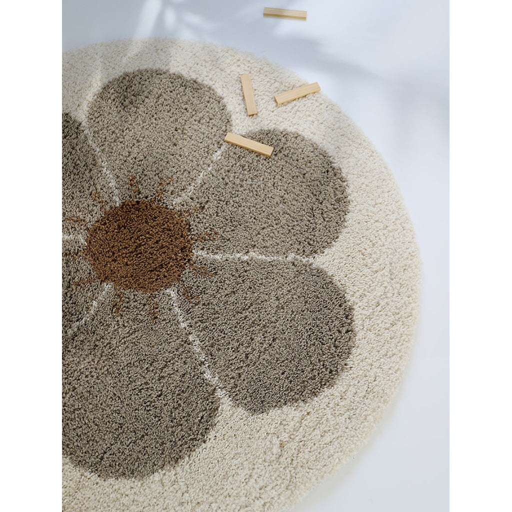 Tapis Rond Velours Motif Marguerite Taupe Ø120 cm – Bohemian Daisy